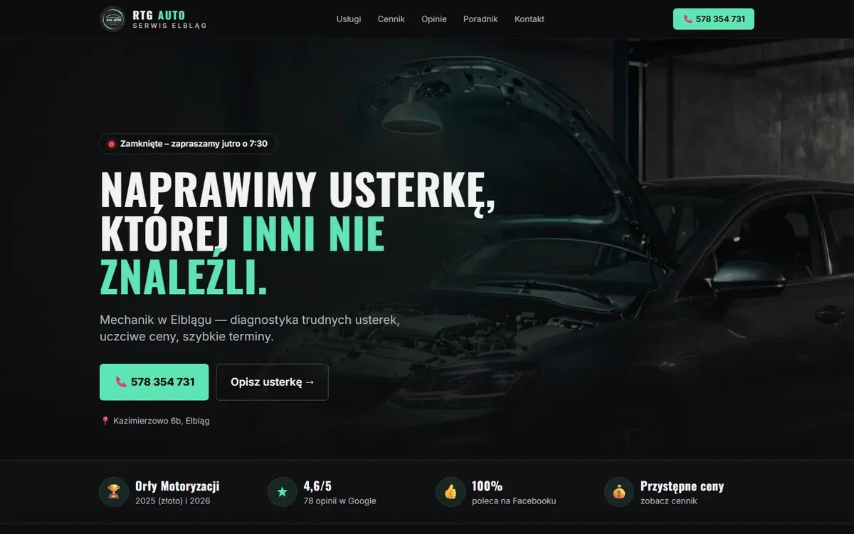 Zrzut ekranu: RTG Auto – warsztat samochodowy, Elbląg